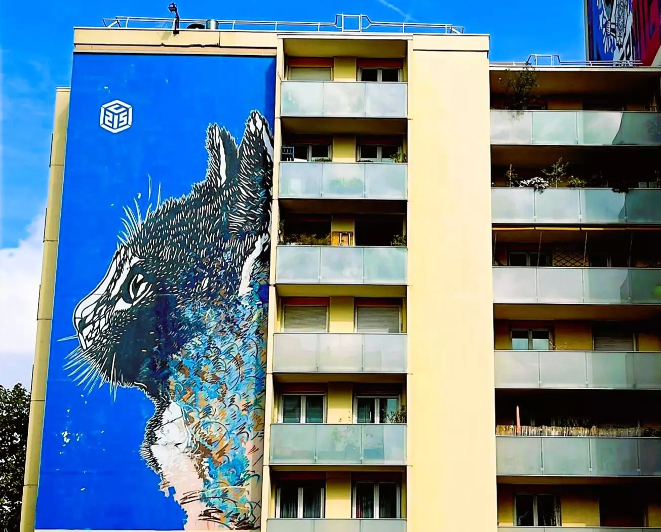 Fresque géante d'un chat sur fond bleu, peinte sur la façade d'un immeuble du 13e arrondissement