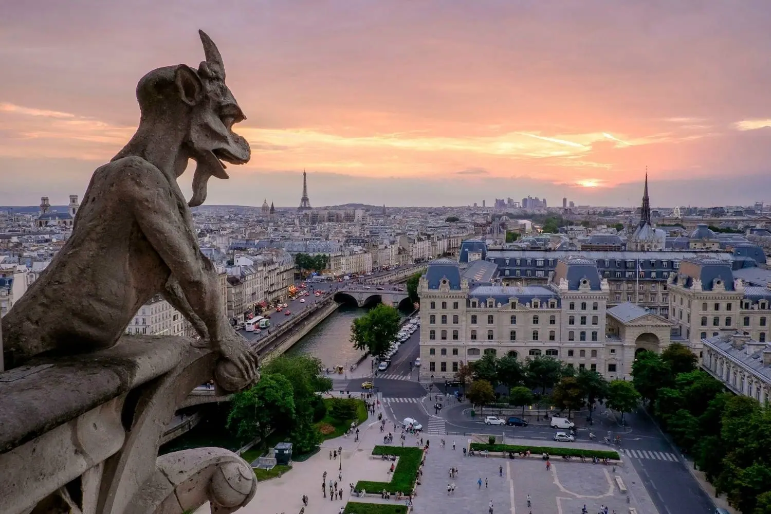 Chimère de Notre-Dame face à Paris au coucher du soleil, au-dessus de l'île de la Cité