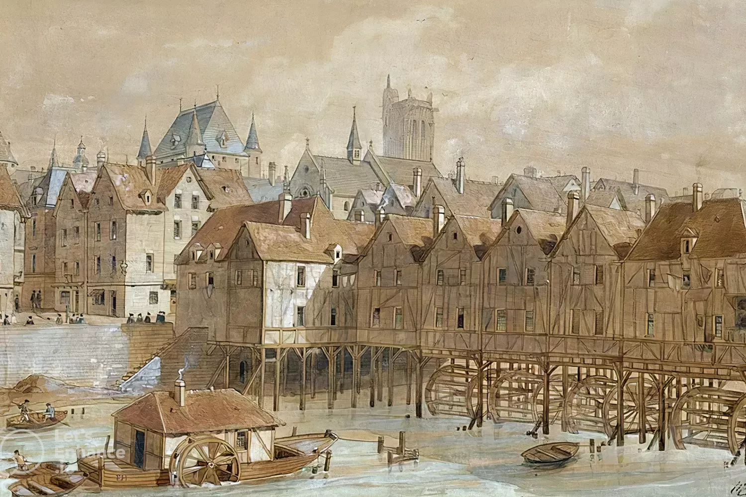 Gravure aquarellée ancienne de maisons sur pilotis au bord de la Seine, avec un moulin