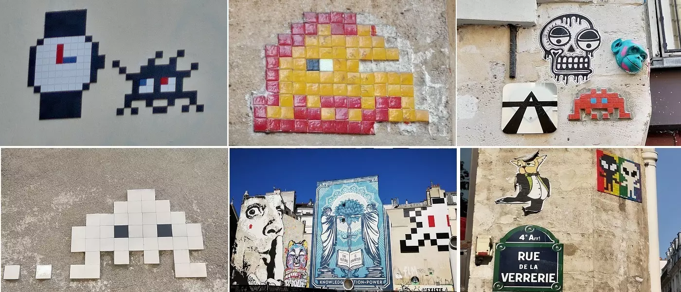 Collage of street art photos: Space Invader mosaics, stencils and the rue de la Verrerie street sign