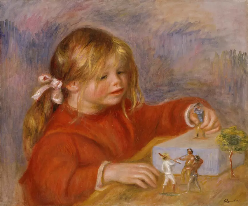 Claude Renoir jouant, tableau d'Auguste Renoir, enfant blond en rouge avec des figurines