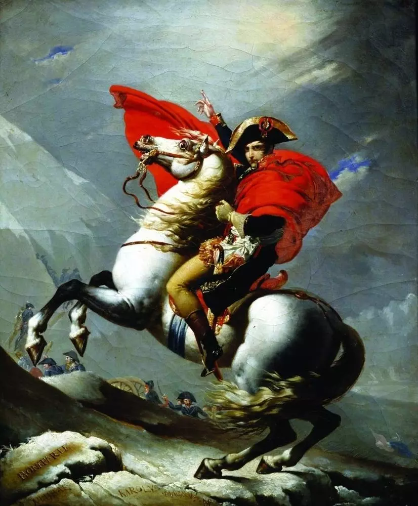 Bonaparte Crossing the Great St Bernard Pass by Jacques-Louis David, on a rearing horse