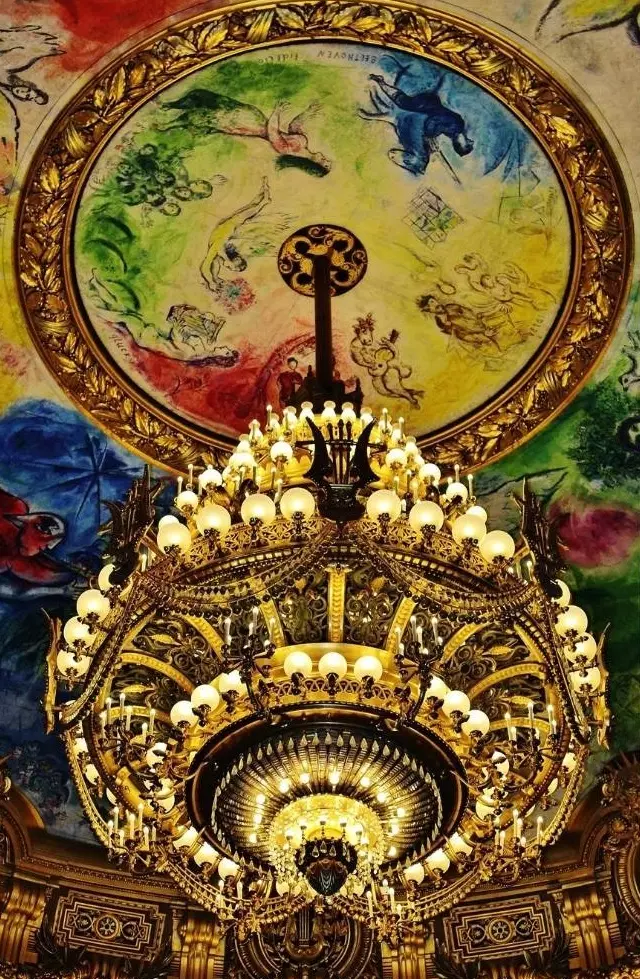 Ceiling painted by Chagall and the great gilded chandelier of the Palais Garnier auditorium
