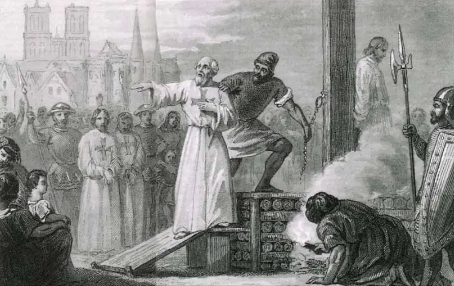 Gravure ancienne d'un homme en robe blanche mené au bûcher par des soldats, tours de Notre-Dame au fond
