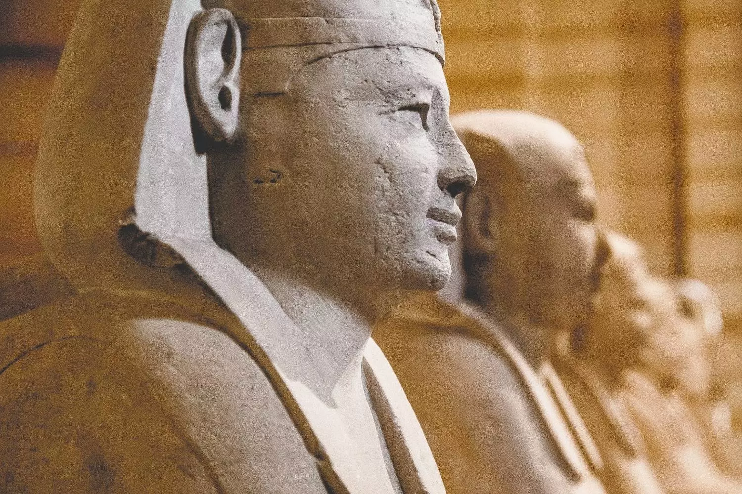 Rangée de sphinx égyptiens en pierre vus de profil, au musée du Louvre