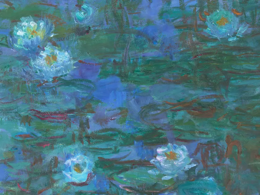 Détail d'une toile de Nymphéas de Claude Monet, fleurs blanches sur l'eau bleue