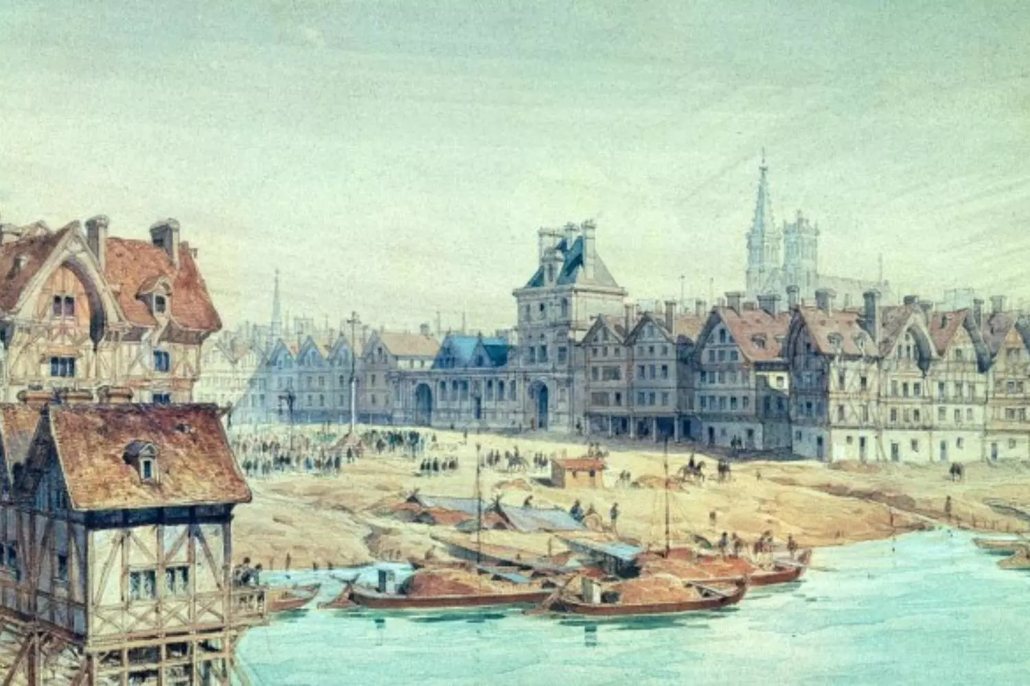 Aquarelle ancienne des quais de la Seine bordés de maisons à colombages et de barques