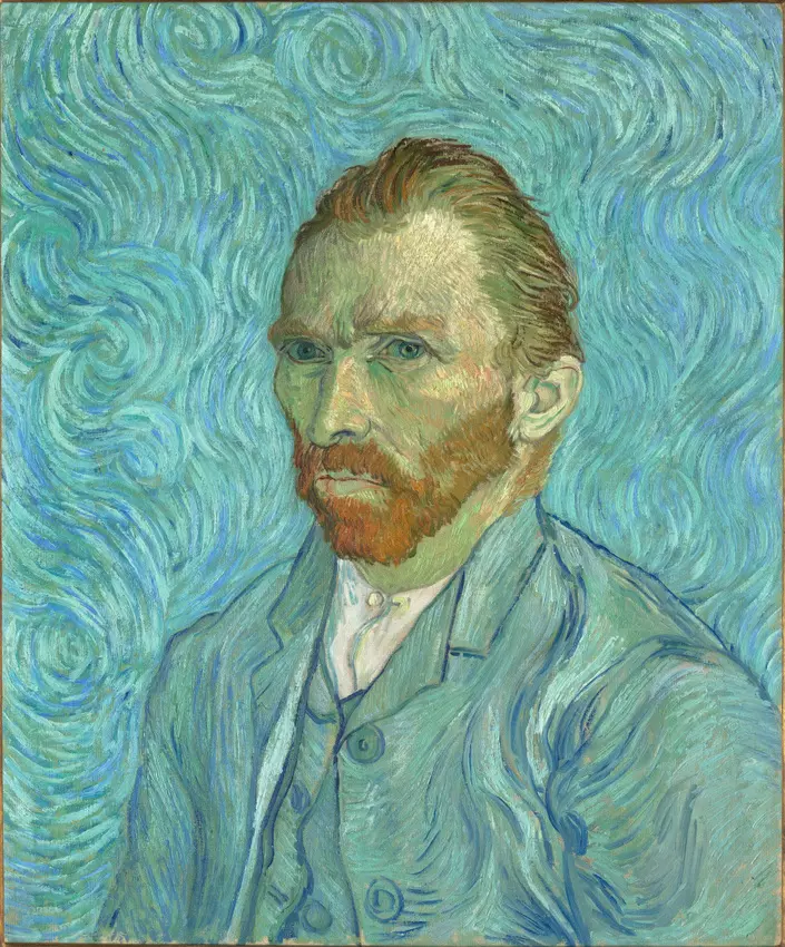 Autoportrait de Vincent van Gogh sur un fond bleu tourbillonnant, au musée d'Orsay