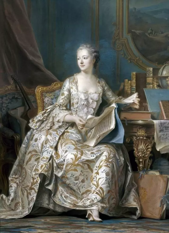 Portrait de Madame de Pompadour en robe de soie brodée, pastel de Maurice Quentin de La Tour