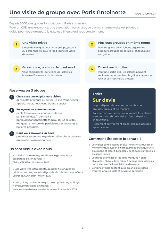Brochure groupes : mode d'emploi, réservation en 3 étapes et tarifs sur devis