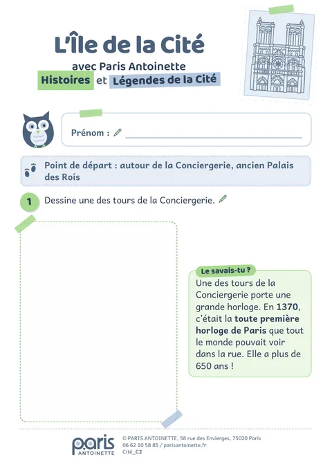 Couverture du livret de la Cité pour les plus jeunes, avec la chouette de Paris Antoinette et une première activité de dessin